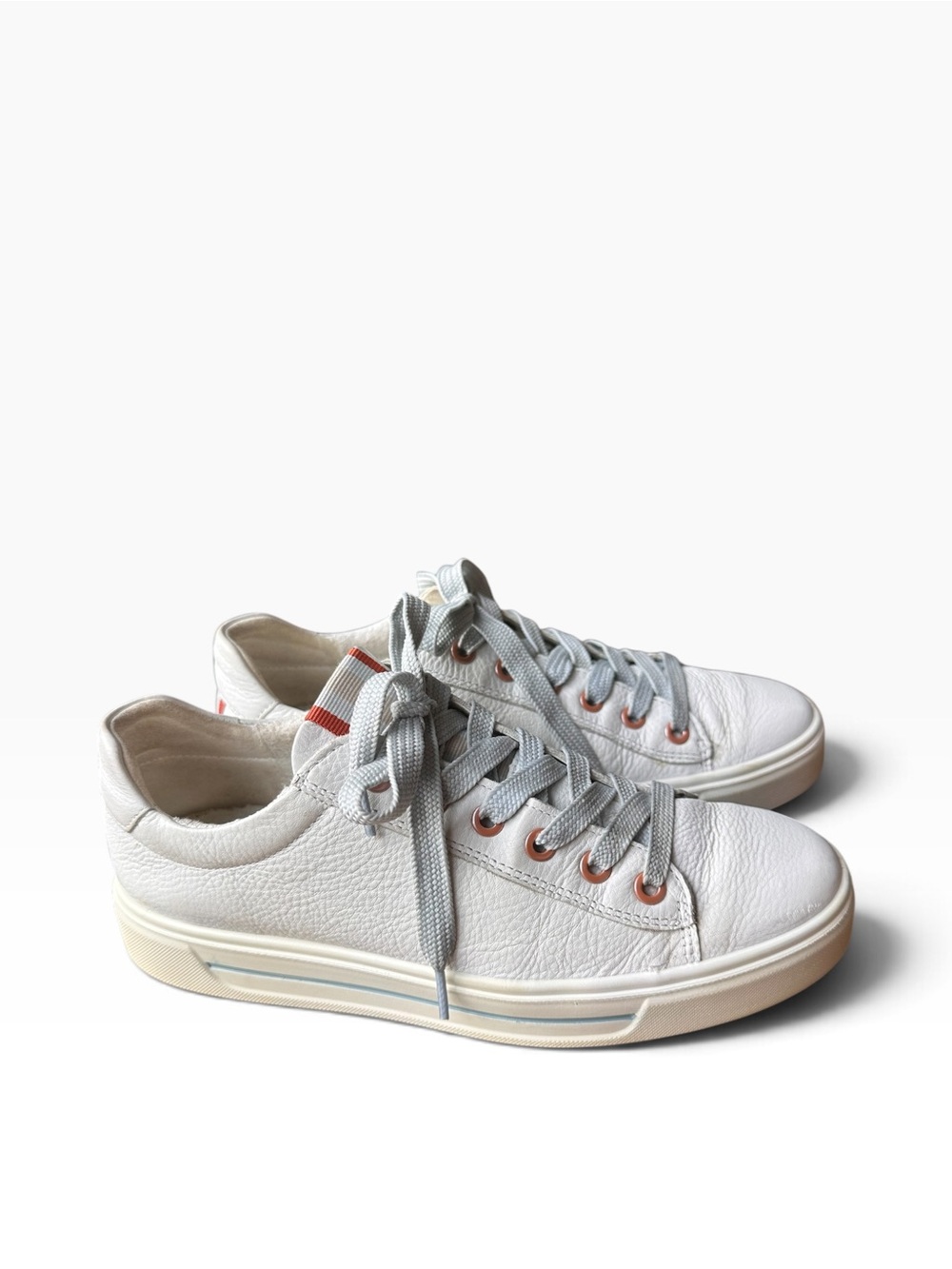 Ara Camden white walking comfort leather sneakers with light blue and orange det